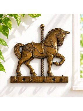 Vintage Brass Carousel Horse Wall Hook Rack With 4 Hooks For Keys Or Accessories